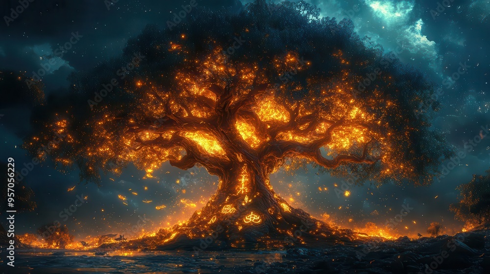 majestic ancient tree of life gnarled bark glowing runes mystical creatures nestled in branches swirling magical energy fantasy realm backdrop majestic ancient tree of life gnarled bark glowing runes mystical creatures nestled in branches swirling magical energy fantasy realm backdrop