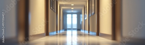 3D rendering of a blurred motion interior of a hotel corridor with a defocused long passageway featuring doors leading into rooms