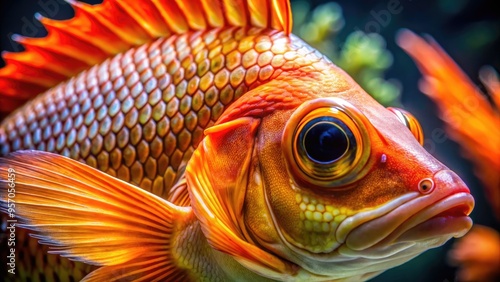 Macro detail of a vibrant orange fin on a fish's head, extending to its body, showcasing intricate scales, and flowing fins. photo