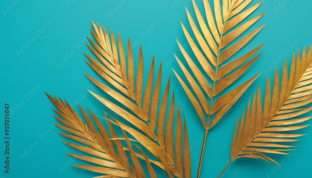 two golden palm leaves on blue background two golden palm leaves on blue background