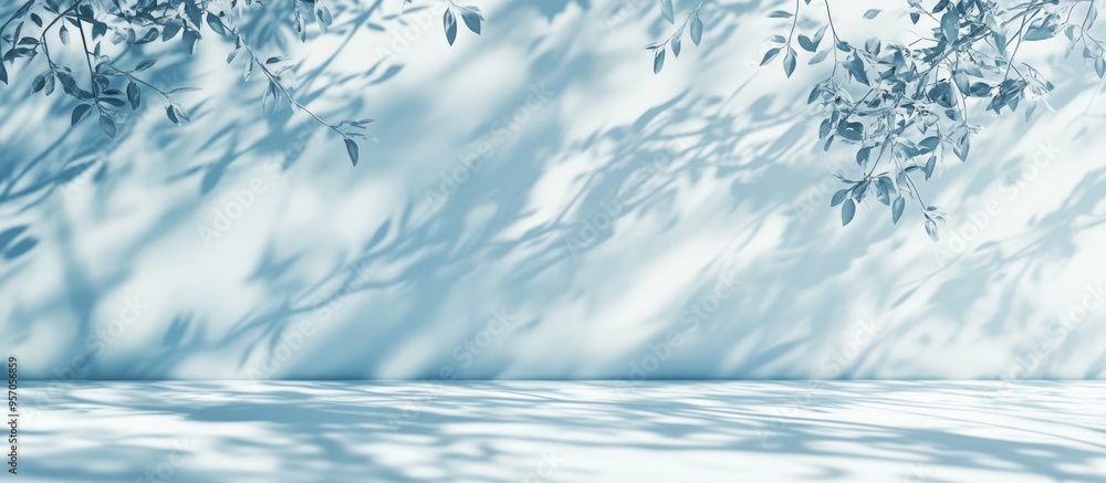 Minimalistic abstract light blue background created through 3D rendering for product display featuring soft and intricate shadows resembling tree branches on the wall Minimalistic abstract light blue background created through 3D rendering for product display featuring soft and intricate shadows resembling tree branches on the wall