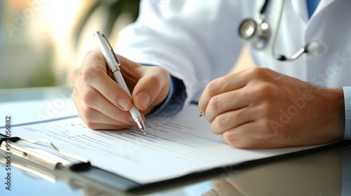 Writing Prescription: Doctor's hands writing a prescription on a clipboard, with a pen and paper.
