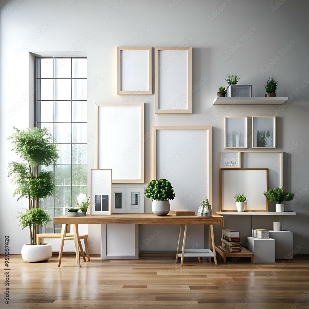 Fototapeta premium Modern living room interior design with blank frames for your artwork.