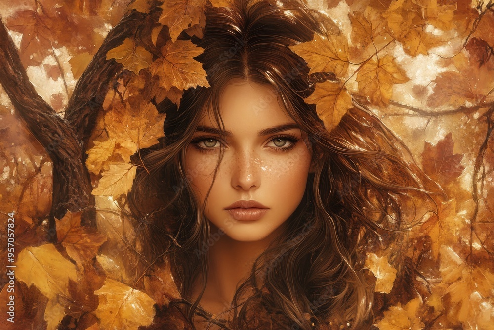 A beautiful woman in autumn leaves and flowers. Mental health and autumn perfume concept. Stock illustration. A beautiful woman in autumn leaves and flowers. Mental health and autumn perfume concept. Stock illustration.