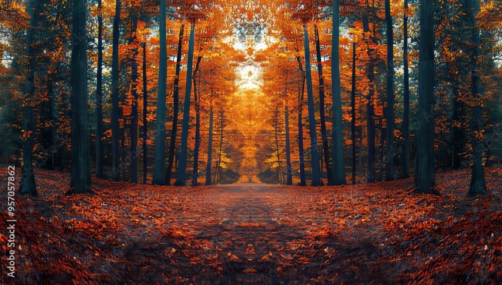 In autumn, a forest path is lined with trees with yellow leaves In autumn, a forest path is lined with trees with yellow leaves