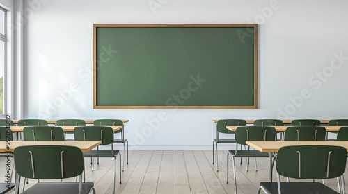 Empty classroom with a large green chalkboard and neatly arranged desks and chairs