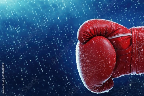 A close-up of a red boxing glove in the rain, symbolizing strength and determination in sports. photo