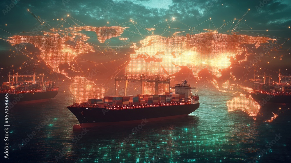 Fototapeta premium Digital artwork of cargo ships and a world map, highlighting the vast network of global trade and logistics
