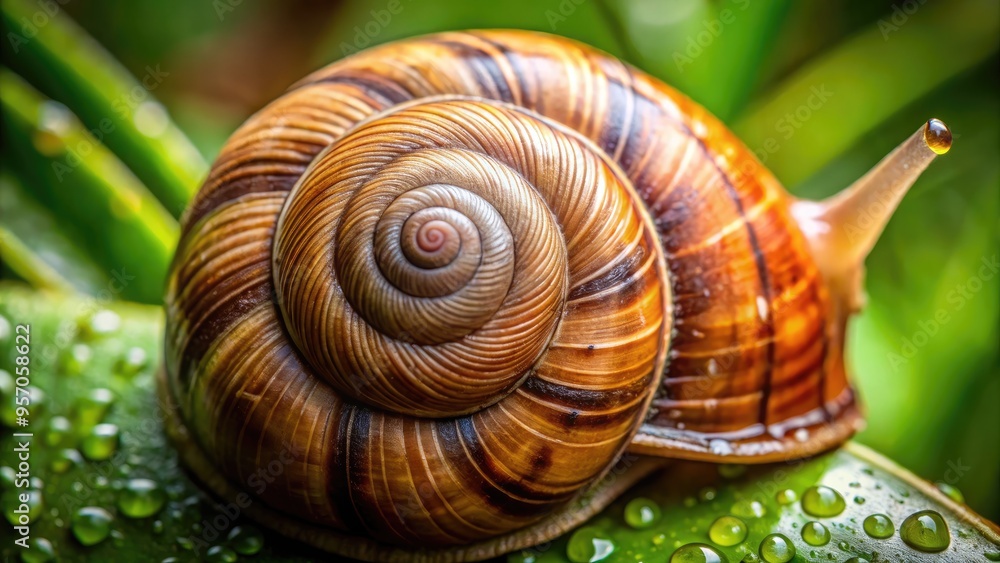 Macro shot of a slimy brown snail's shell, showcasing intricate spiral patterns, ridges, and delicate tentacles, against a soft, blurred green leafy background. Macro shot of a slimy brown snail's shell, showcasing intricate spiral patterns, ridges, and delicate tentacles, against a soft, blurred green leafy background.