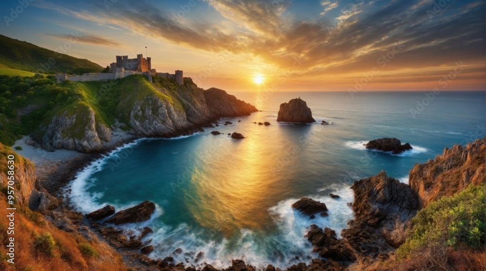 Wallpaper, medieval castle on rocky island Wallpaper, medieval castle on rocky island