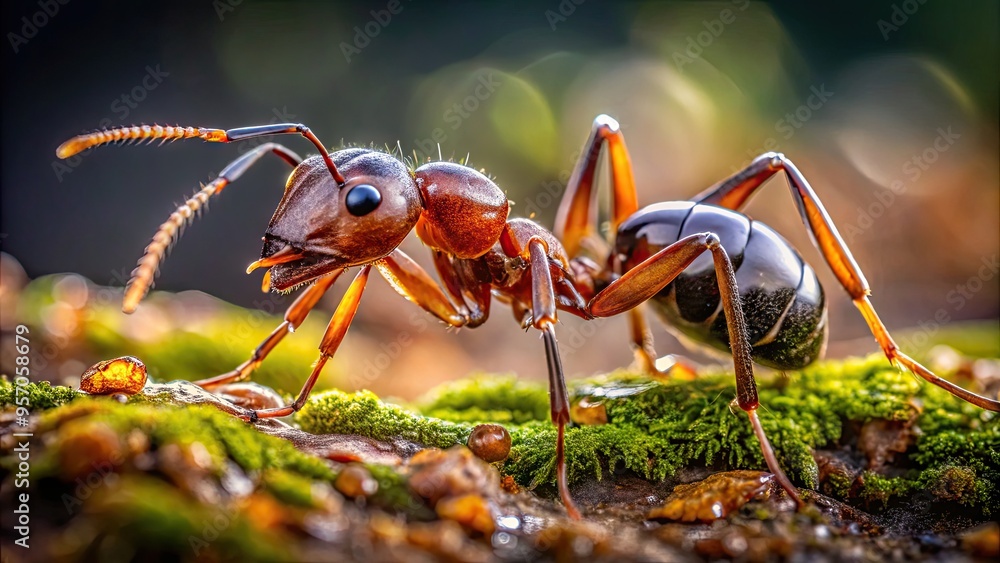 Naklejka premium Macro shot of a small, industrious ant's shiny exoskeleton and intricate details, including antennae and mandibles, against a blurred, natural background.