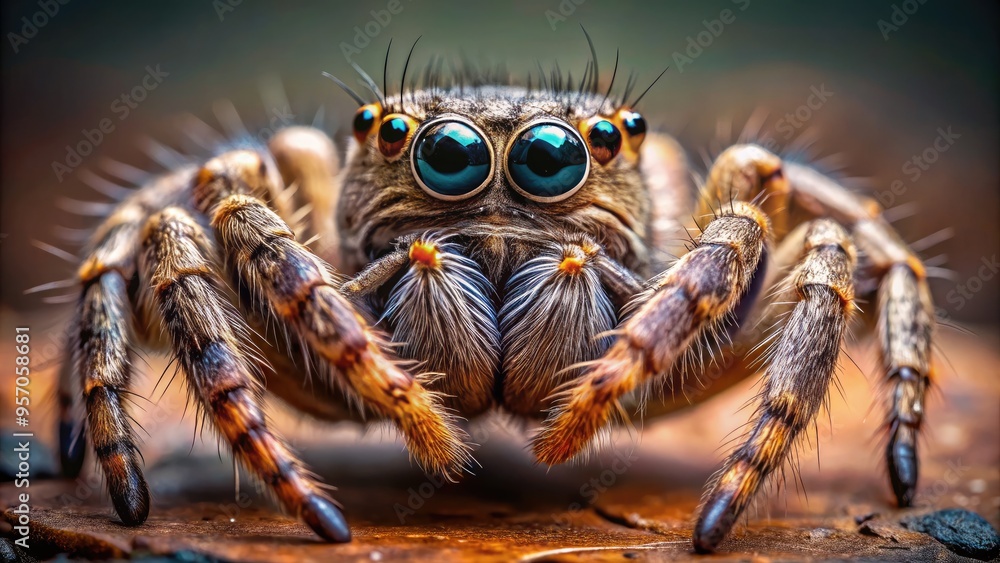 Fototapeta premium Macro shot of a sinister-looking spider, its eight beady eyes gleaming in the center of its rounded body, its delicate legs splayed outwards.