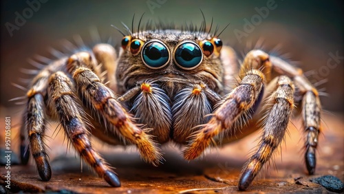 Macro shot of a sinister-looking spider, its eight beady eyes gleaming in the center of its rounded body, its delicate legs splayed outwards.