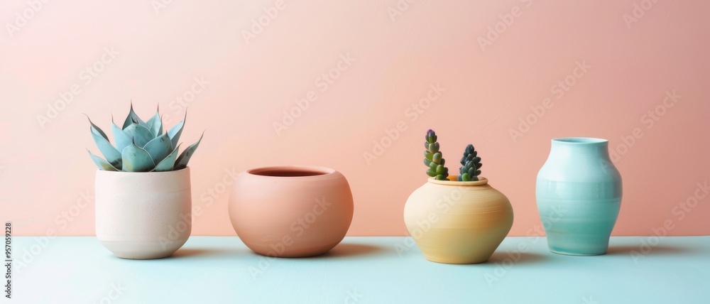 A row of colorful clay vases and succulents on a pastel pink and blue background, exuding a cheerful and modern vibe. A row of colorful clay vases and succulents on a pastel pink and blue background, exuding a cheerful and modern vibe.