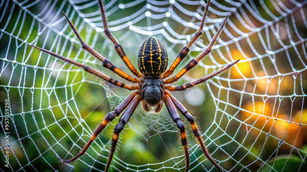 Macro view of a intricate spider's web with a large, eight-legged arachnid sitting at its center, showcasing its delicate legs and shiny black body. Macro view of a intricate spider's web with a large, eight-legged arachnid sitting at its center, showcasing its delicate legs and shiny black body.