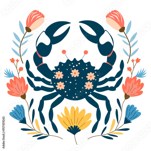 Zodiac sign Cancer with floral flora, vector illustration, white isolated background.