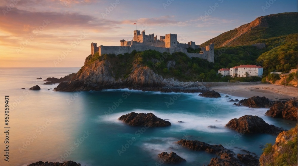 Wallpaper, medieval castle on rocky island Wallpaper, medieval castle on rocky island