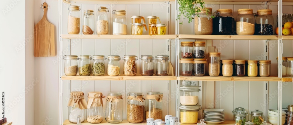 A neatly organized pantry with various items stored in glass jars and containers on wooden shelves. A neatly organized pantry with various items stored in glass jars and containers on wooden shelves.