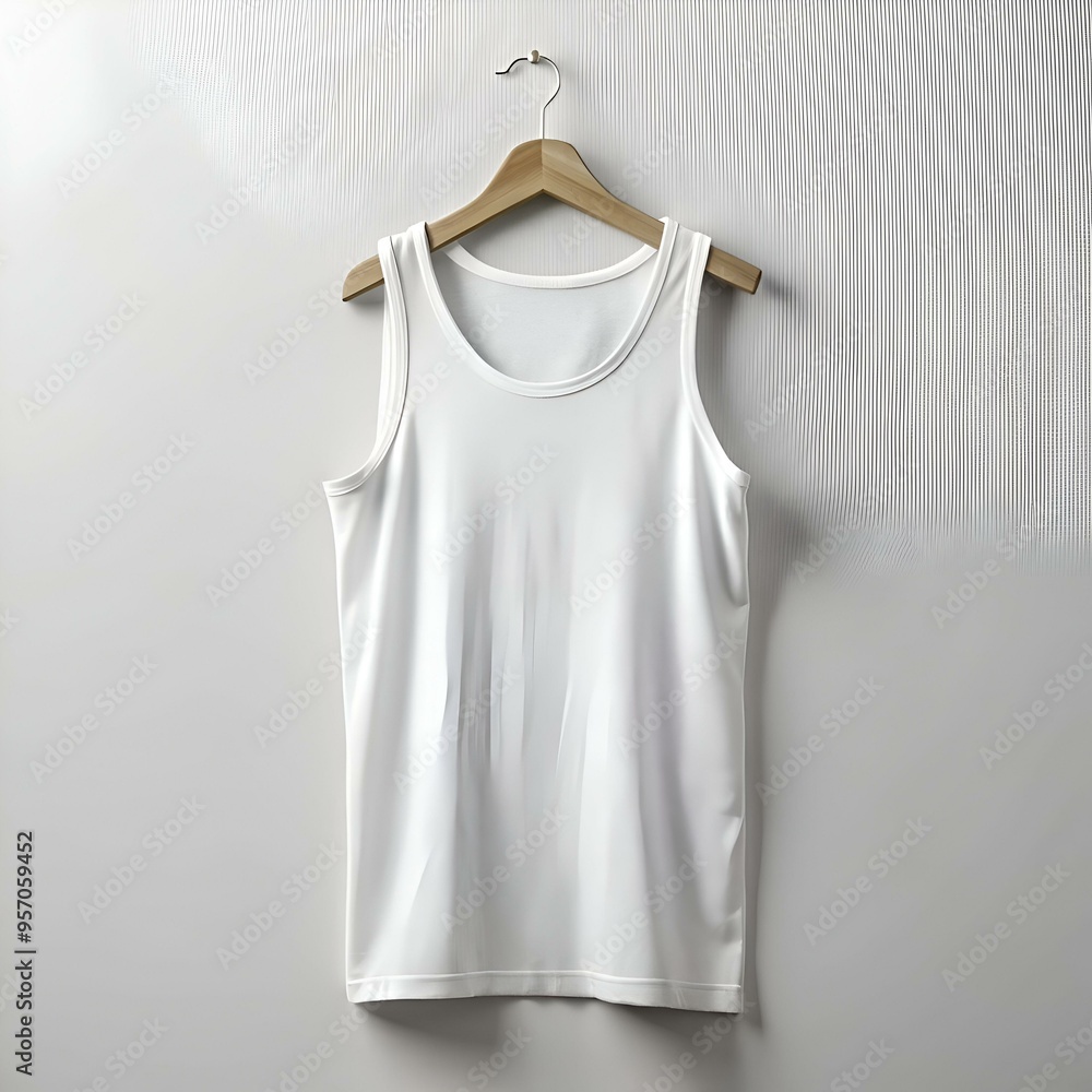 Blank white tank top mockup hanging on a wooden hanger against a white background. Blank white tank top mockup hanging on a wooden hanger against a white background.