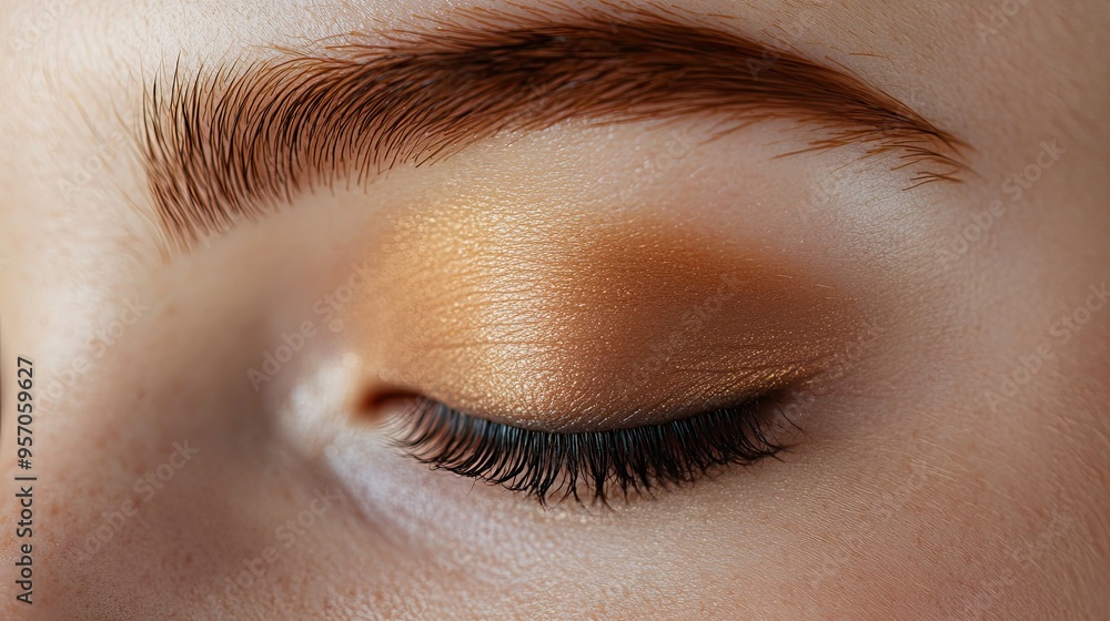 Obraz premium Elegant close-up of a womana closed eye, showcasing the fine details of professional eye makeup, with perfect eyebrows