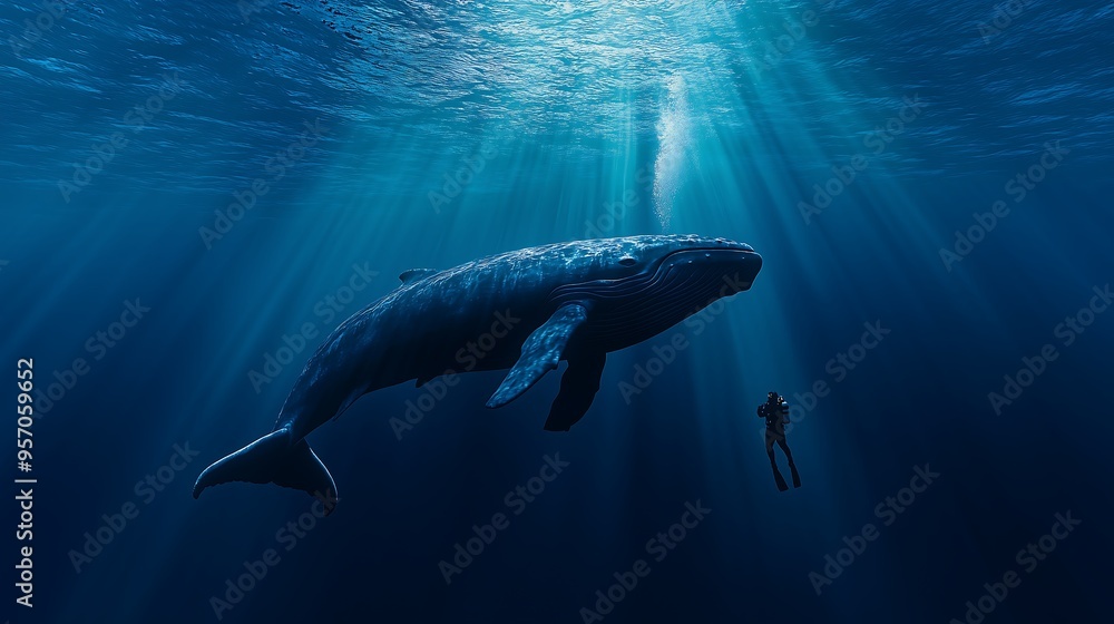 Naklejka premium An underwater scene where a diver is facing a massive whale. The diver appears small in comparison, floating in the vast, deep blue ocean.