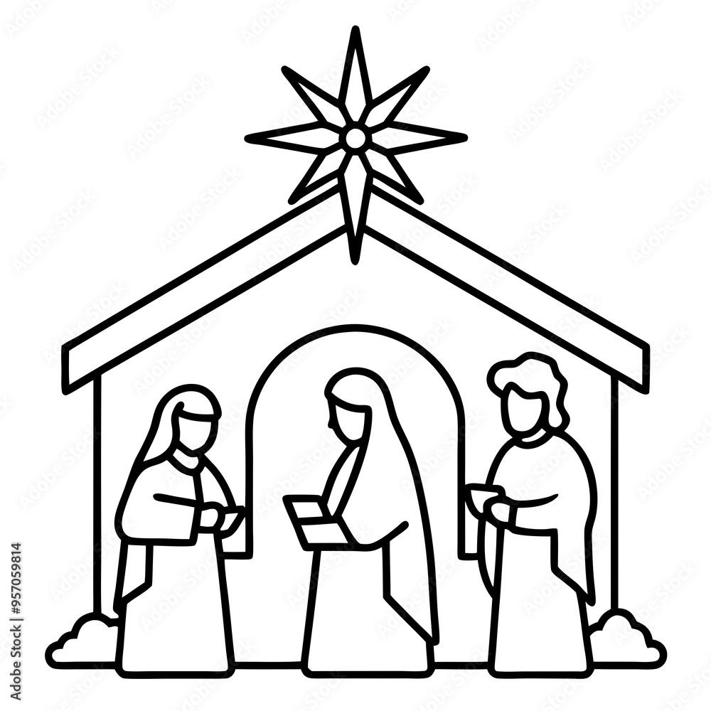 A beautifully detailed nativity set, with hand-painted figurines and a glowing star above A beautifully detailed nativity set, with hand-painted figurines and a glowing star above
