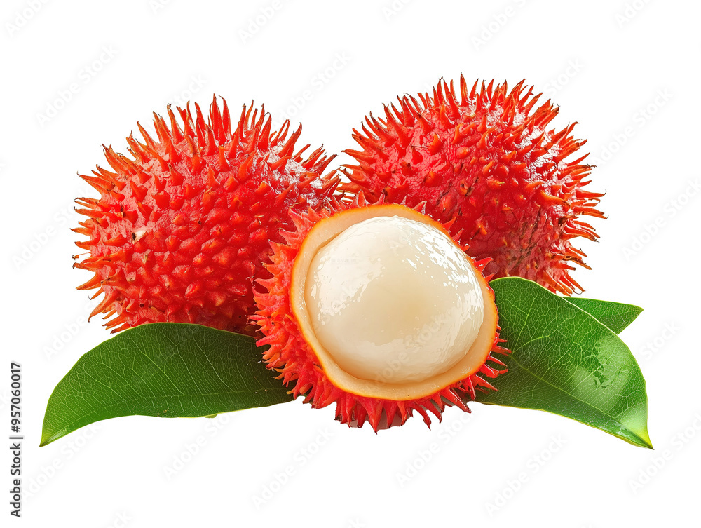 Fresh red rambutan fruits with green leaves isolated on PNG cutout transparent background. Fresh red rambutan fruits with green leaves isolated on PNG cutout transparent background.