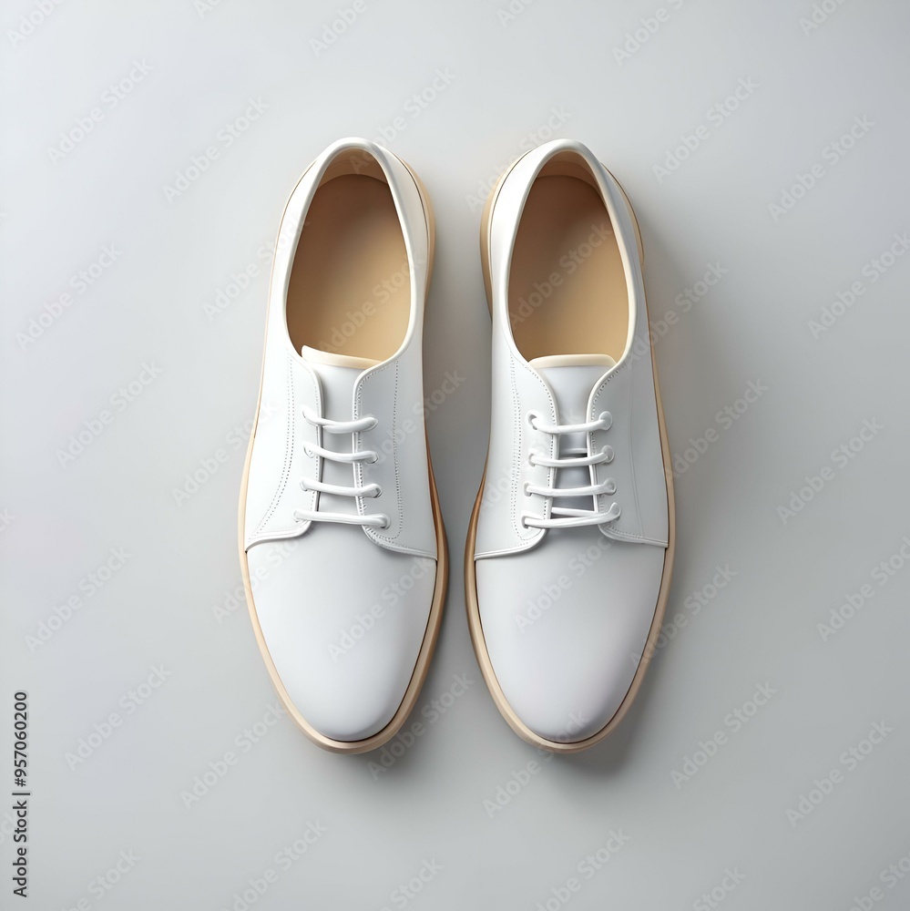 A pair of clean. white leather lace up shoes with a subtle tan trim. A pair of clean. white leather lace up shoes with a subtle tan trim.