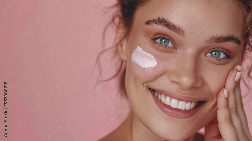Beautiful woman smile use cream for good skin. face of a healthy woman apply cream and makeup. Advertisement for skin cream, anti-wrinkle, baby face, whitening, moisturizer, tighten pores. Beautiful woman smile use cream for good skin. face of a healthy woman apply cream and makeup. Advertisement for skin cream, anti-wrinkle, baby face, whitening, moisturizer, tighten pores.