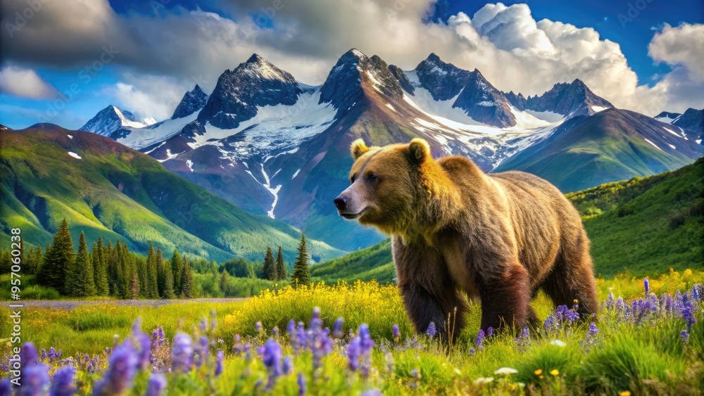 Majestic brown bear roams freely in serene Alaskan wilderness, surrounded by lush greenery, vibrant wildflowers, and majestic mountains under a bright blue sky. Majestic brown bear roams freely in serene Alaskan wilderness, surrounded by lush greenery, vibrant wildflowers, and majestic mountains under a bright blue sky.