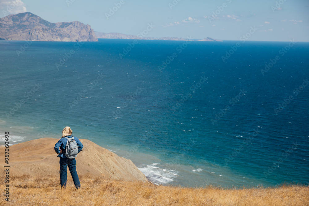Woman Tourist Mountain Top Traveler Looking at Landscape Hiking
