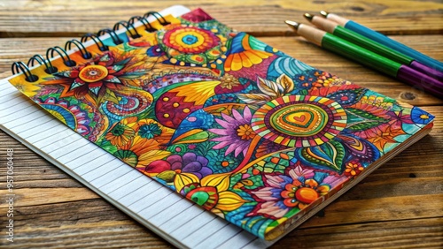 Vibrant colored doodles of abstract shapes, flowers, and geometric patterns fill a worn, crumpled, and torn-edge notepad with creative expression and playful energy. photo