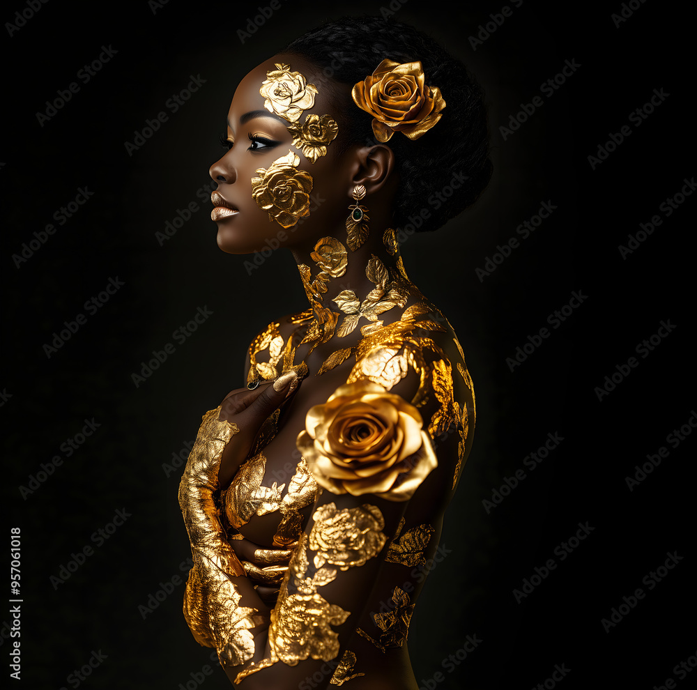Obraz premium head & half body of beautiful woman covered in golden, metallic paint; black background & copy space; concept of feminism, girl power, success, winner, beauty, confidence, femininity