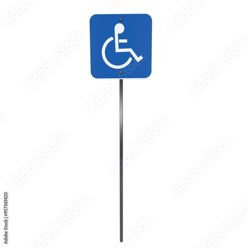 3D rendering of a blue disabled parking sign on a metal pole