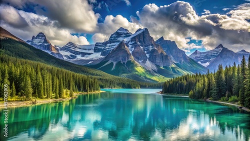 Majestic snow-capped mountains rise above serene turquoise lake, surrounded by lush green forest, under a vast blue sky with scattered white clouds.