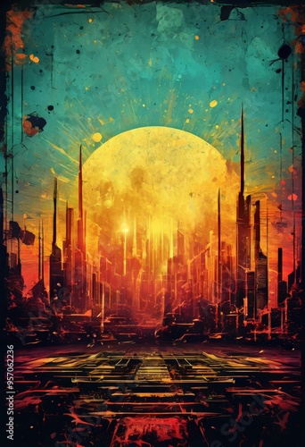 futuristic city with bright sun in the background