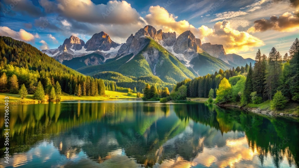 Obraz premium Majestic sunlit mountain peaks rise above serene alpine lake, surrounded by lush green forests and rolling hills, under a bright blue sky with puffy white clouds.