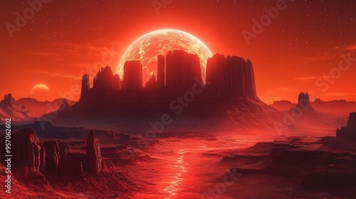 marslike desert landscape red rock formations alien terrain dusty atmosphere distant planet silhouette on horizon photo