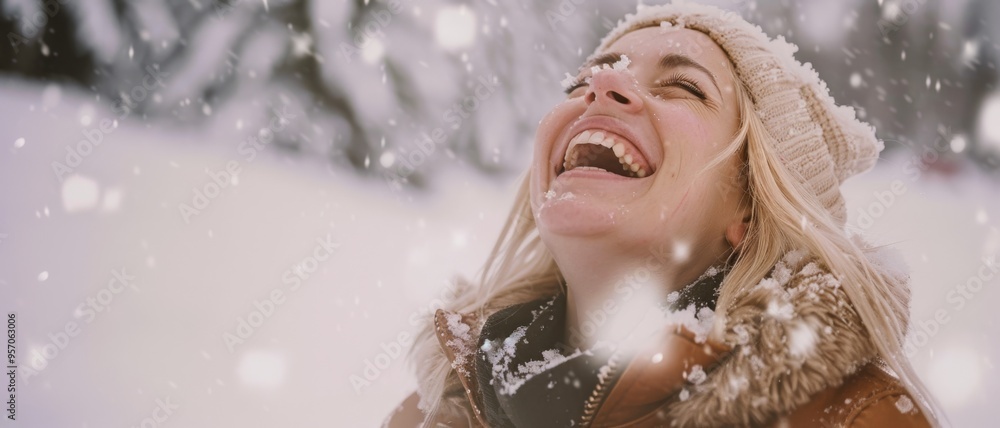 A woman in winter attire looks up joyfully, surrounded by falling snowflakes, her laughter capturing the essence of winter wonder. A woman in winter attire looks up joyfully, surrounded by falling snowflakes, her laughter capturing the essence of winter wonder.