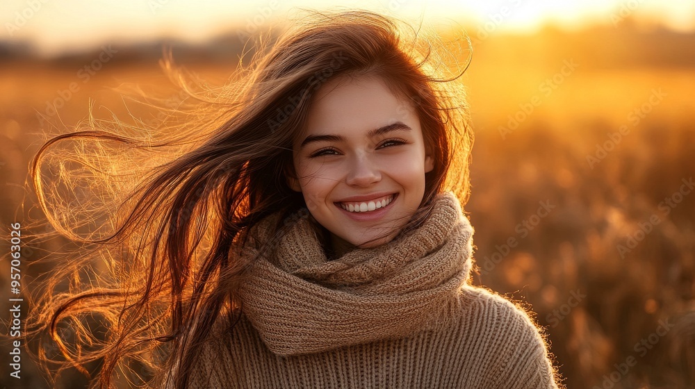 At sunset, a happy, smiling woman with closed eyes enjoys the peace of life on the fields in this backlit portrait At sunset, a happy, smiling woman with closed eyes enjoys the peace of life on the fields in this backlit portrait