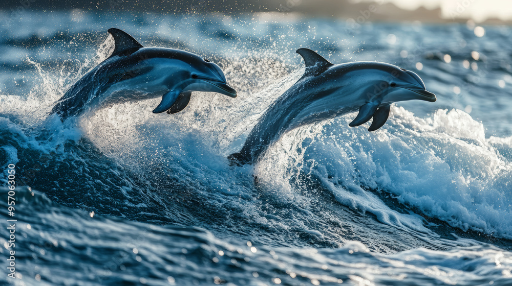 Fototapeta premium Two Dolphins Leaping Through a Wave in the Ocean