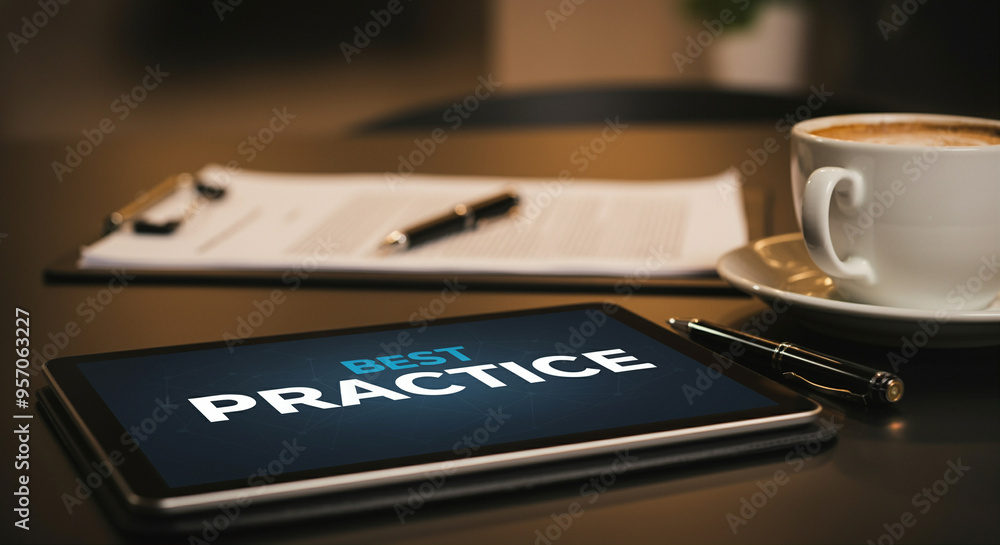 Tablet displaying best practice on business desk with coffee and documents Tablet displaying best practice on business desk with coffee and documents