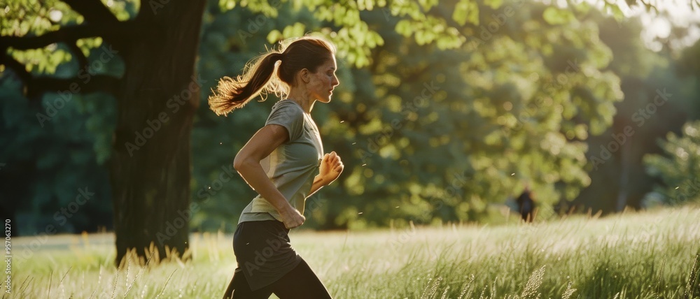 A woman enjoys a refreshing morning run in a park, surrounded by lush greenery and bathed in warm sunlight filtering through the trees. A woman enjoys a refreshing morning run in a park, surrounded by lush greenery and bathed in warm sunlight filtering through the trees.