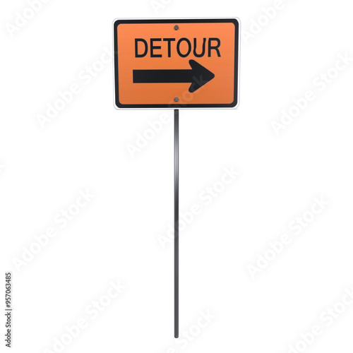 3D rendering of a detour sign pointing right on a simple base