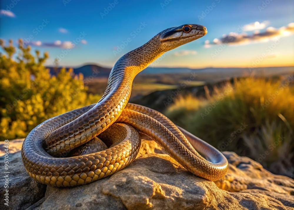 Fototapeta premium A serpent-like creature, its slender body coiled around a rocky outcropping, basks in the warm sunlight as it surveys the serene landscape.