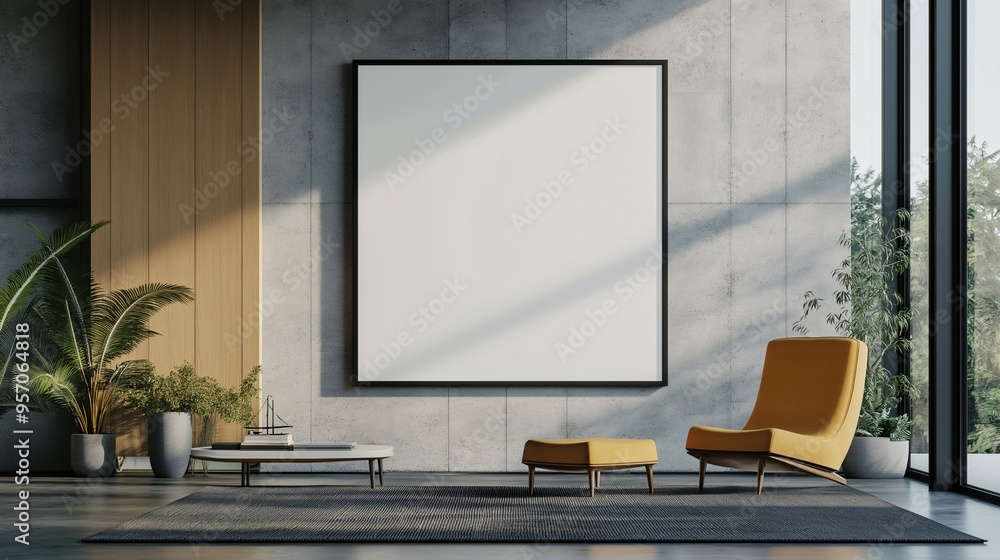 Fototapeta premium Modern Living Room Mockup: A sleek and stylish living room with a large blank canvas, perfect for showcasing your artwork, designs, or brand. The spacious room features a comfortable armchair
