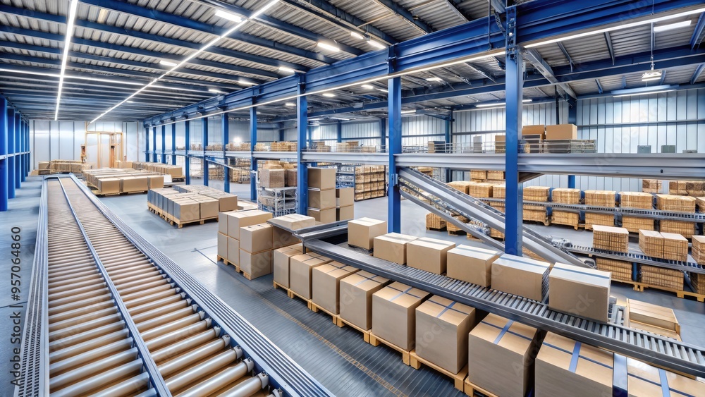 Modern warehouse interior with rows of conveyor belts, cardboard boxes, and automated machinery for efficient product packaging and shipping operations. Modern warehouse interior with rows of conveyor belts, cardboard boxes, and automated machinery for efficient product packaging and shipping operations.