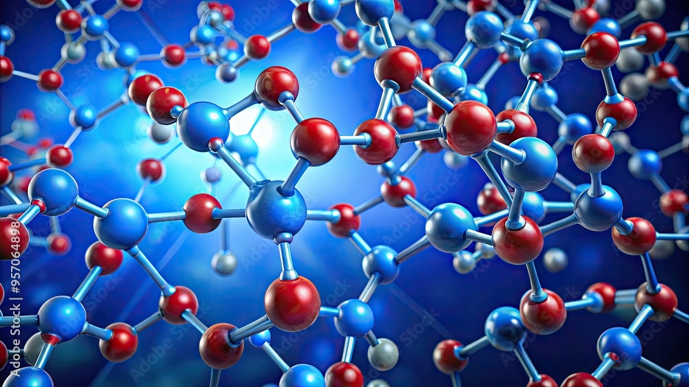 Molecular structure of endocannabinoids, natural chemicals produced by the body, illustrating the complex arrangement of atoms and bonds in a 3D blue and red representation. Molecular structure of endocannabinoids, natural chemicals produced by the body, illustrating the complex arrangement of atoms and bonds in a 3D blue and red representation.