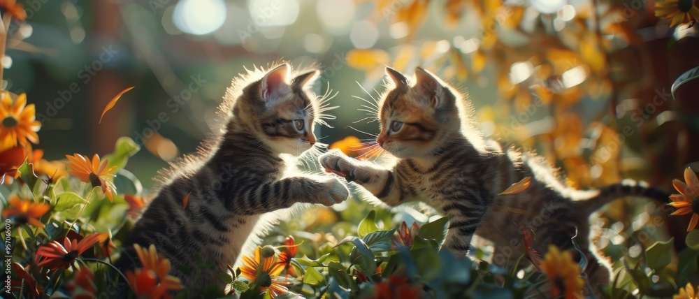 Obraz premium Two playful kittens interact in a sun-drenched garden, surrounded by vibrant flowers, capturing the essence of youthful joy and innocence.