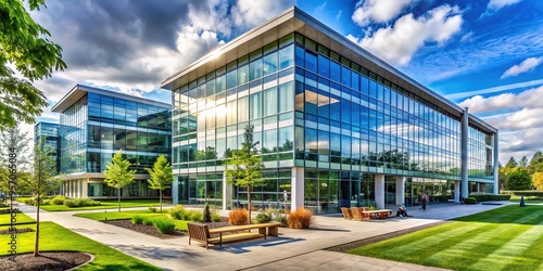 A sleek glass facade towers above lush greenery, welcoming employees to an innovative workspace nestled within a suburban park's natural beauty and serenity.